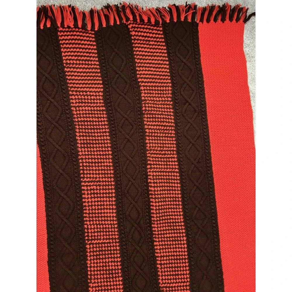 VintageHandmade Throw Blanket 50x76 Orange Brown Cable Knit Afghan Fringe Rustic
